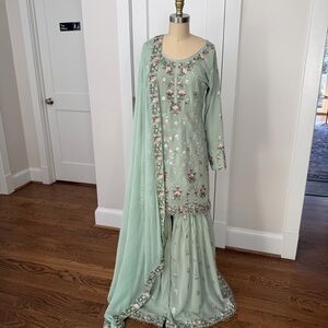 Formal Mint Green Embroidered 3 Piece Gharara Suit